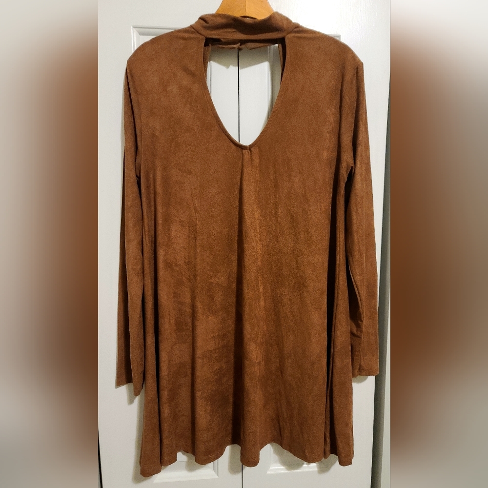 Camel Color Faux Suede Cutout Choker-Neck Style Mini Dress